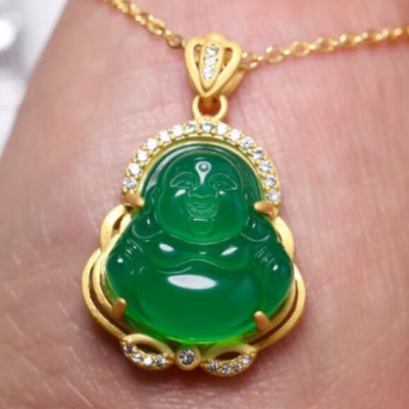 HAPPY BUDDHA PENDANT NECKLACE-925 Silver-Hotei-Green-Gold-Jewelry-Fast Shipping - Picture 10 of 11